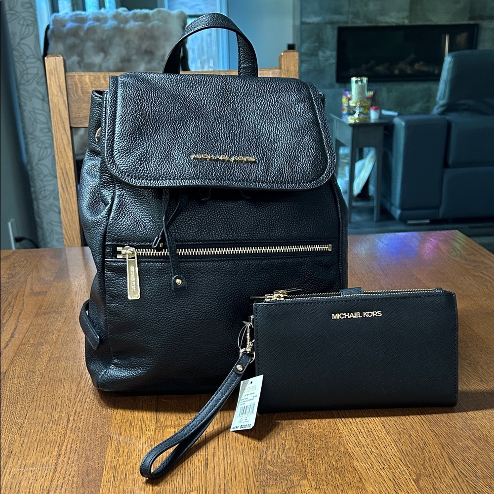 Michael Kors Black Backpack and Wallet with Gold Accents Set